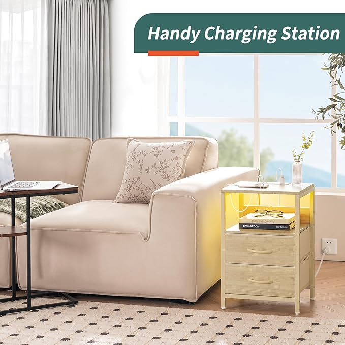 Yoobure Nightstand with Charging Station, LED Night Stand with Fabric Drawers and Storage Shelf for Bedroom, Nightstands Bedside Tables with USB Ports & Outlets, Small Night Stands, Bed Side Table