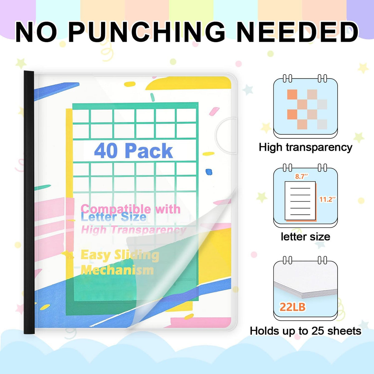 TOTiyea 40 Pack Clear Report Covers with Sliding Bars, 9mm (40 Sheet Capacity) Black Sliding Bar File Folders, for Letter Size