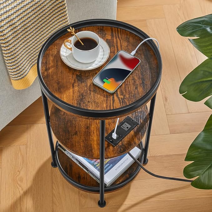 Dulcii Round Side Table with Charging Station, End Table with 3 Shelves for Living Room, Bedroom Nightstand for Small Spaces, Industrial Round Sofa Table with Steel Frame (USB+Rustic Brown)