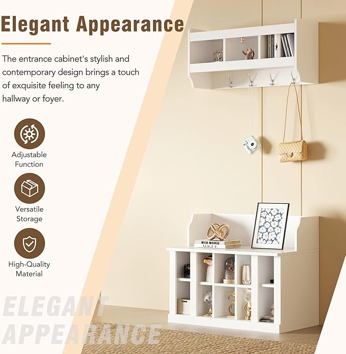 Multi-Functional Hall Tree with Wall Mounted Coat Rack, Shoe Storage Bench with Shelves and 4 Hooks, Entryway Organizer for Hallway, Foyer, Mudroom, Living Room (White-52s)