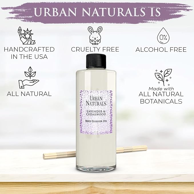 Urban Naturals Reed Diffuser Oil Refill Lavender Cedarwood with Warm Wood, Spa-Inspired Notes 8 oz + Free Reed Sticks, Made in the USA