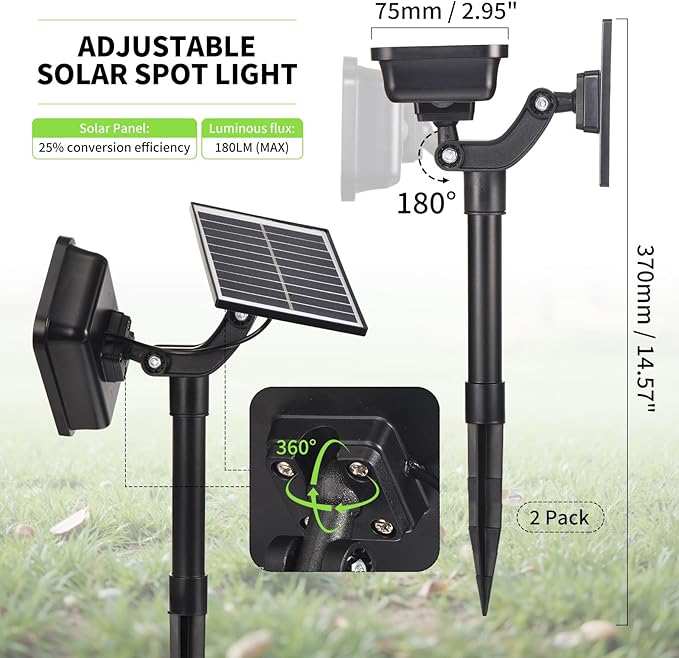 Solar Spot Lights Outdoor, 2 Pack Landscape Spotlights 3 Lighting Modes IP65 Waterproof Adjustable Solar Panel House Light for Yard Garden