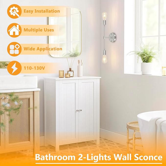 FadimiKoo 2-Light Brushed Nickel Vanity Lights for Bathroom, Silver Bathroom Lighting Fixtures Over Mirror, Modern Indoor Wall Sconce Lighting for Bedroom Living Room Kitchen (1 Pack)