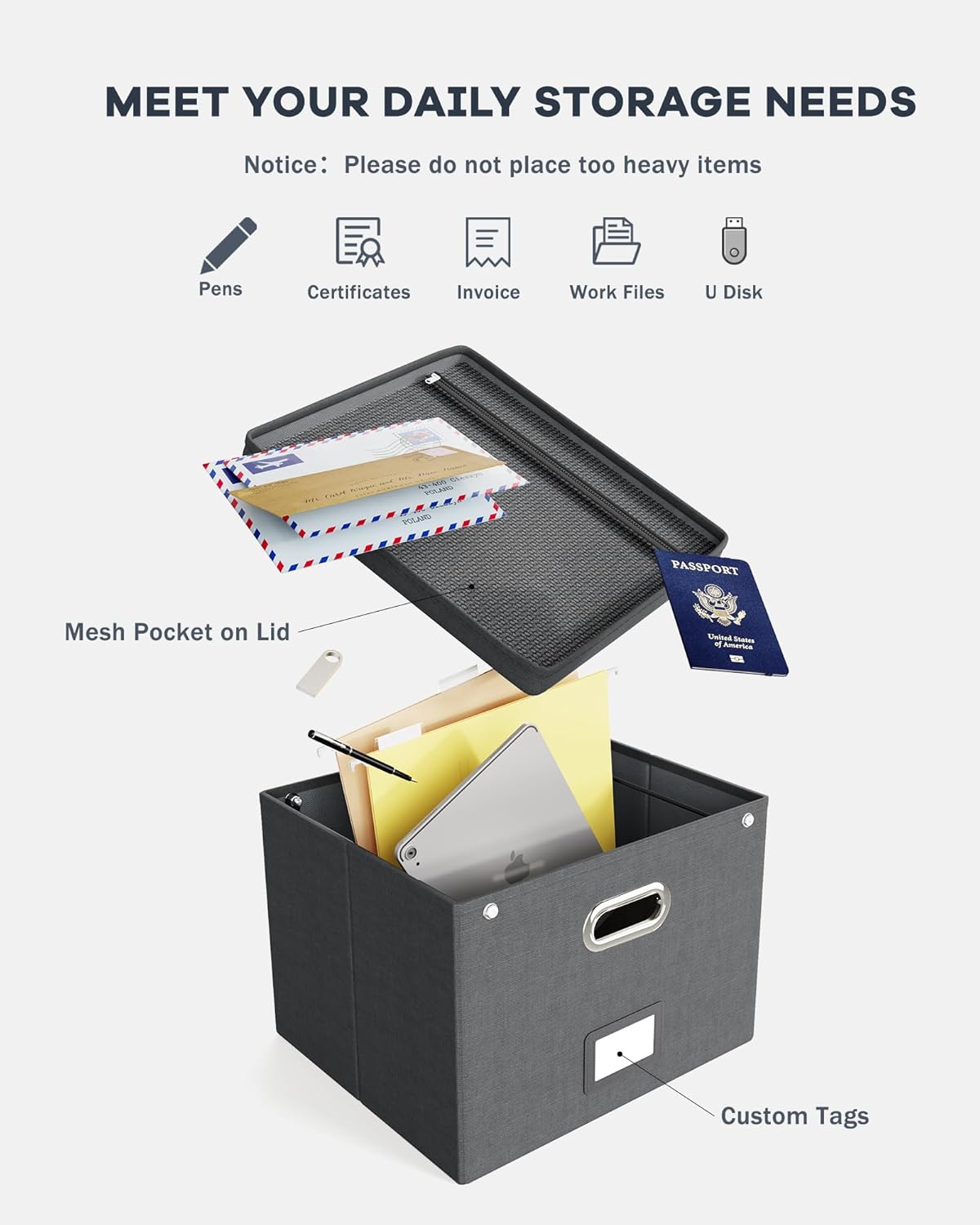 Oterri File Organizer Box with Lid,Large Hanging Filing Box with Mesh Pocket, Document Organizer for Letter Files, Portable Storage Case with Smooth Sliding Rail for Office&Home (1 PCS, Dark grey)