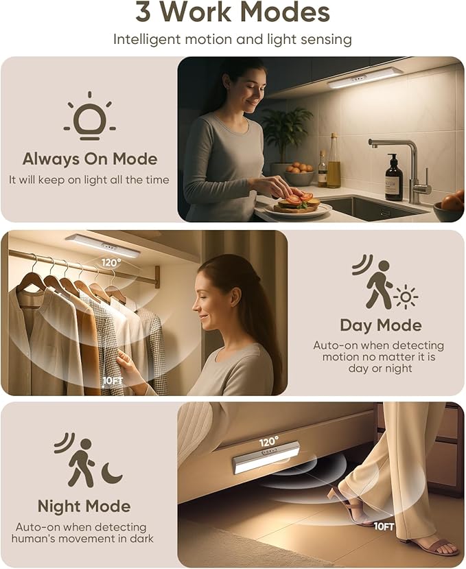 Motion Sensor Closet Lights, Eye Protection Design Cabinet Lighting Wireless with Remote, 3 Color Temps & Dimmable, Magnetic, Rechargeable LED Closet Lighting for Kitchen, Wardrobe, Pantry, 3 Pack