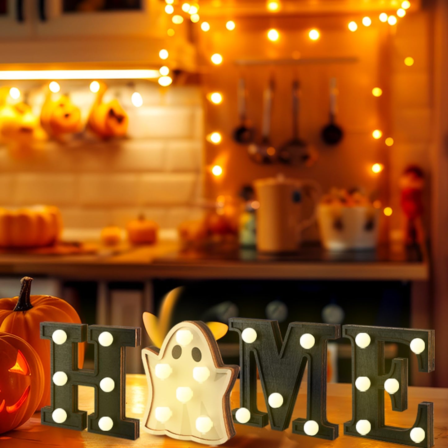Aurelema Interchangeable Home Table Signs with 8 Pcs Seasonal Icons Wooden "home"" Letter Signs with LED Marquee Light up 4th of July Table Decorations Decorative Centerpiece for Room Decoration"