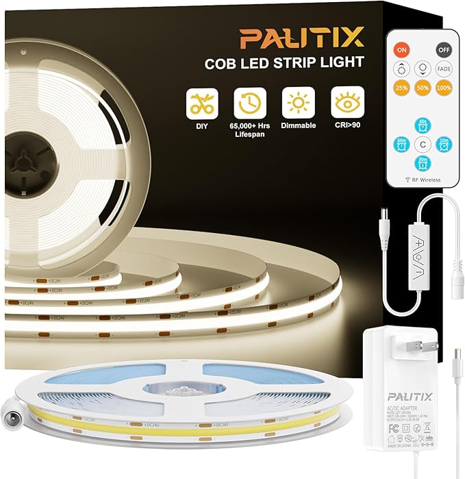 PAUTIX COB LED Strip Light 32.8ft,Engineering Level UL Listed Natural White 4000K,CRI93+ Super Bright High Lumen,Dimmable 24V Flexible LED Tape Light with RF Remote,for Home&Office Decor DIY Lighting