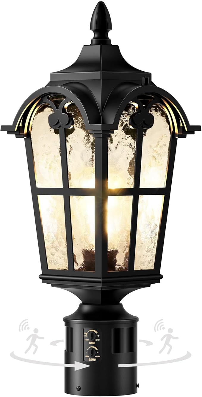 Motion Sensor Outdoor Post Lights,17.7" Dusk to Dawn Lamp Post Light Fixture, 360°Detection 3 Lighting Modes Outdoor Lighting,Waterproof Aluminum Pole Lantern for Yard Patio Pathway Garden