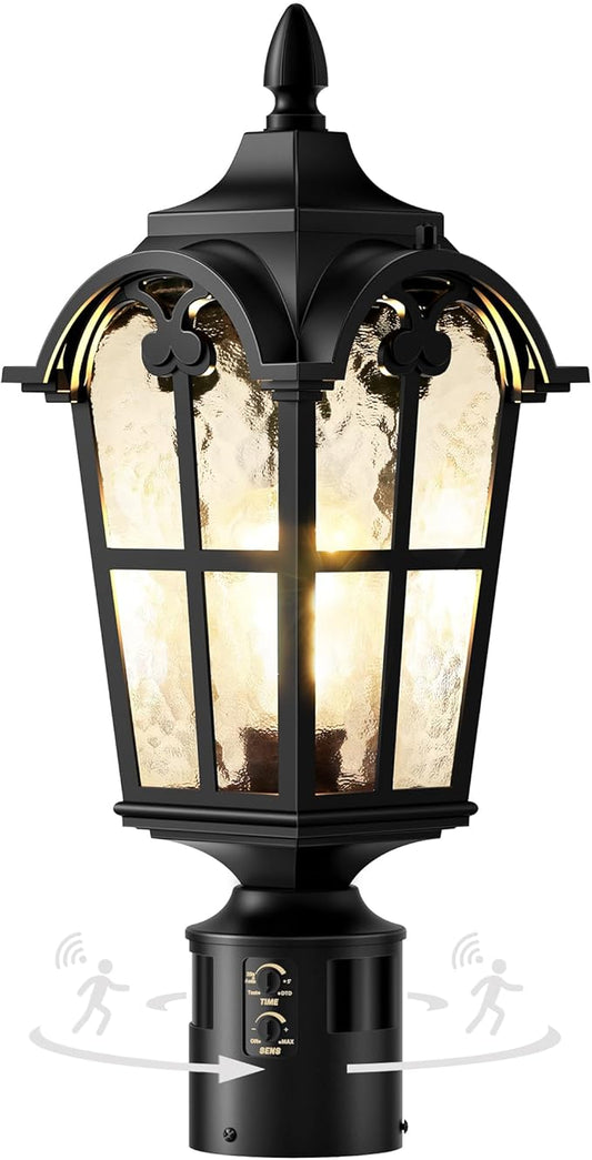 Motion Sensor Outdoor Post Lights,17.7" Dusk to Dawn Lamp Post Light Fixture, 360°Detection 3 Lighting Modes Outdoor Lighting,Waterproof Aluminum Pole Lantern for Yard Patio Pathway Garden