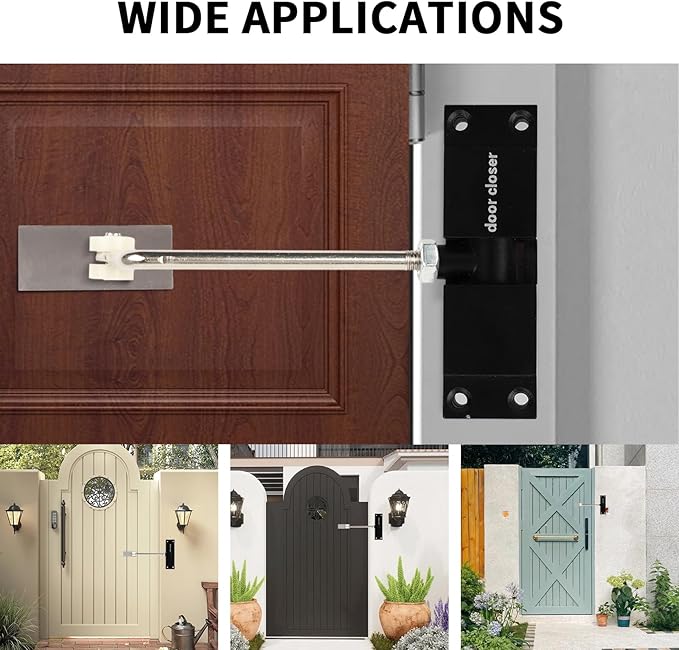 Automatic Door Closer, Safety Spring Door Closer Adjustable Self Closing Door Hinge Zinc Alloy Door Closers for Home, Up to 150Lb can be Pushed (Black)