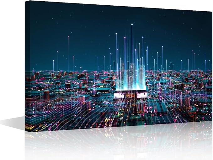 TUMOVO AI Wall Art Painting Digital Age Bedroom Living Room Wall Decor CPU Concept Framed Modern Pictures Virtual Space Canvas Prints Artwork for Wall Decor Bathroom Office Decorations, 18x12in