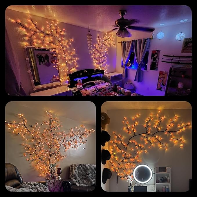 LED Tree Branch Lights for Wall 5.25FT 72LEDs Cherry Blossom Lights with Remote and 8 Lighting Modes Cherry Blossom Garland Willow Vine Light for Bedroom Indoor Wall Wedding Christmas Decor