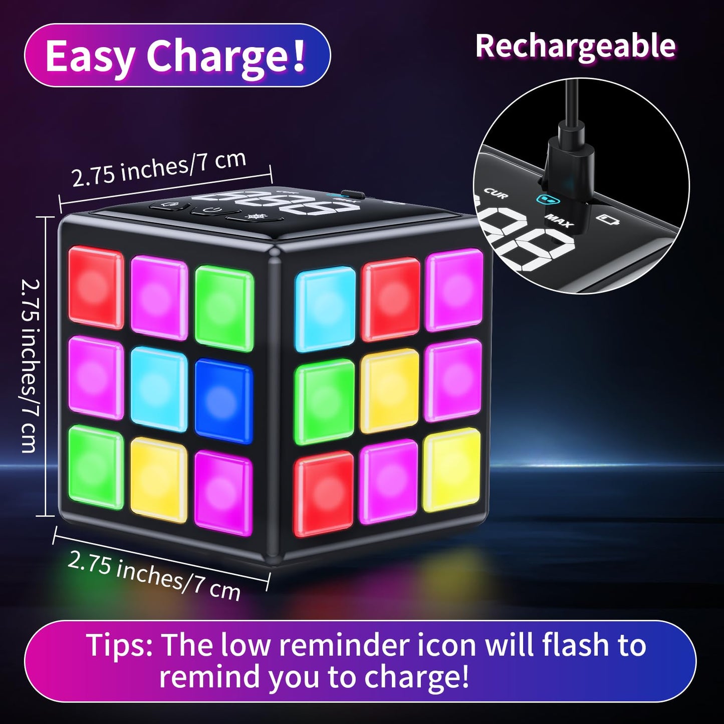 Niufunmal Rechargeable Game Cube - 15-in-1 Fun Brain Memory & Speed Games for Kids - Christmas Easter Birthday Gifts for Boys Girls Ages 6-12+ Years Old - Toys for Kids Teens with Score Screen (Black)