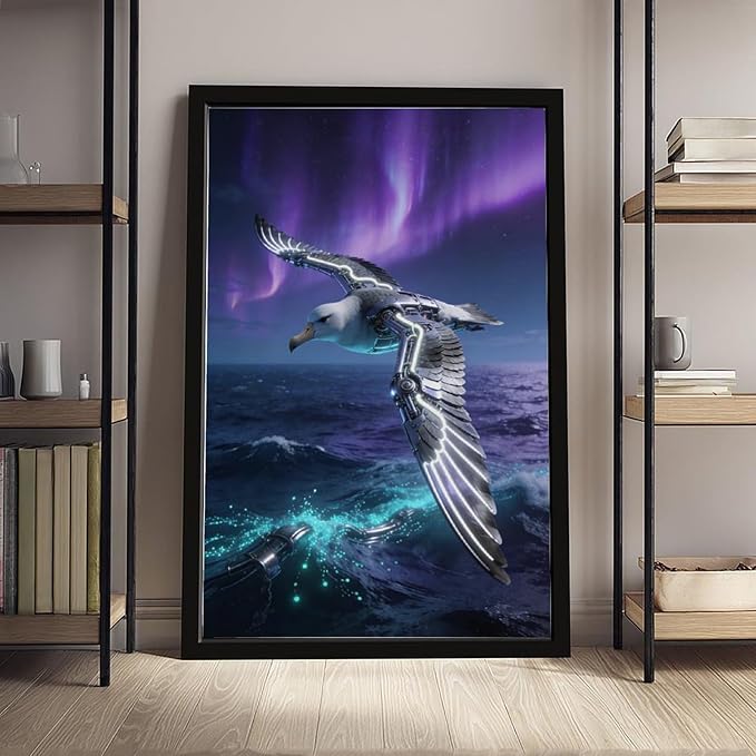 Framed Steampunk Mechanical Seagull Wall Art - Aurora Ocean Retro Poster for Bedroom Game Room Decor 20x30in