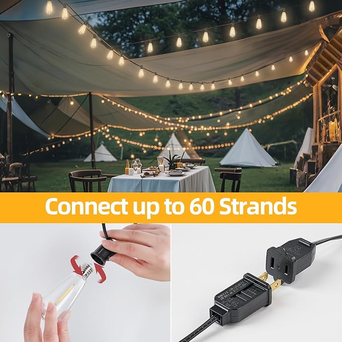 50FT Outdoor LED String Lights,Vintage ST40 LED Bulbs (25+2 Spare),Shatterproof Plastic,E17 Socket,2700K Warm White-Ideal for Patio,Porch,Deck,Gazebo,Bistro,Backyard,Wedding&Party Décor