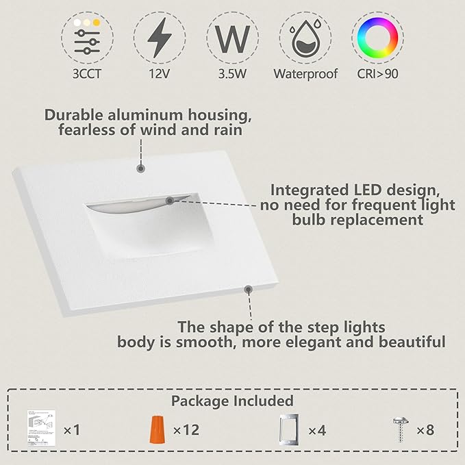 FTL Outdoor Step Lights LED Indoor Stair Lights, 3CCT 3000K/4000K/5000K Outdoor Deck Stair Light, 3.5W 150LM 12V Low Voltage Light for Steps, Waterproof White Aluminum Horizantal 4-Pack