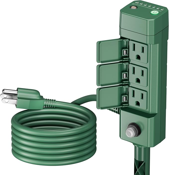 BN-LINK Outdoor Power Stake Timer, Dusk to Dawn Sensor for Outdoor Lights, 6 Grounded Outlets, 6ft Extension Cord, 1875W/15A,Christmas Decorations, ETL Listed