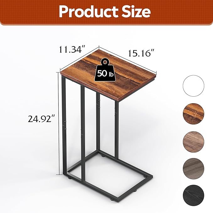 WLIVE Side Table, C Shaped End Table for Couch, Sofa and Bed, Large Desktop C Table for Living Room, Bedroom, Retro Brown and Black
