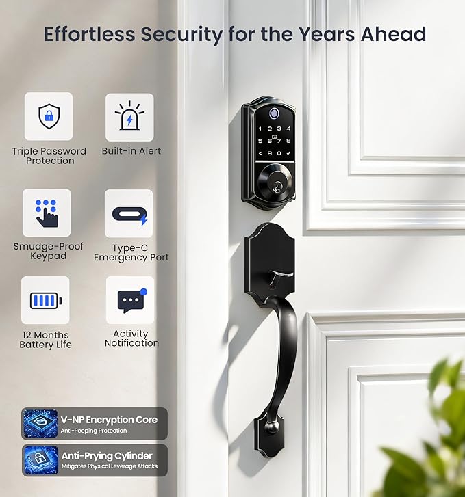 Veise VE017-H Fingerprint Smart Front Door Lock Set, App Control, 8-in-1 Keyless Entry Deadbolt with Zinc Alloy Handles, Emergency Power Port, Touchscreen Keypad, Auto Lock, Easy Install, Matte Black