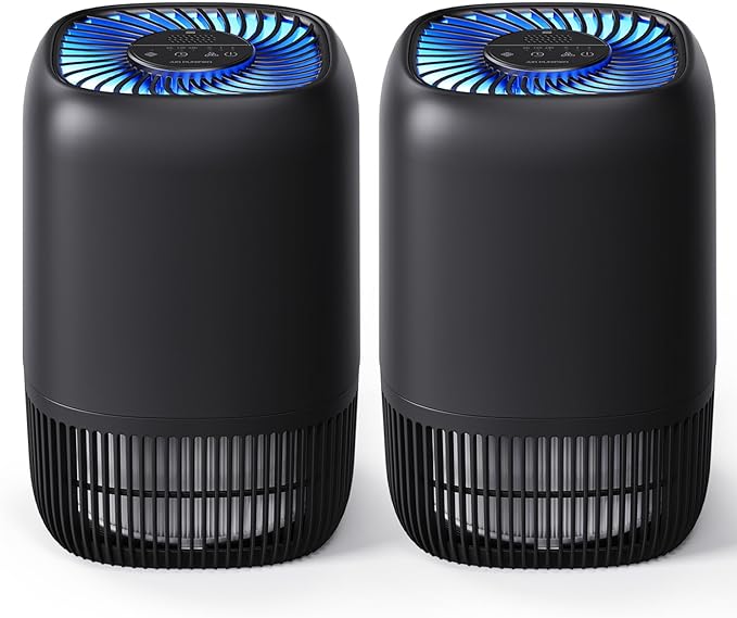 2 Packs of Air Purifiers for Home Bedroom, H13 Quiet HEPA Filter for Dust Pollen Smoke Odors, with Fragrance Sponge Night Light Vital Breeze Timer 22dB, Office Desktop Small Room, DH-JH12 Black