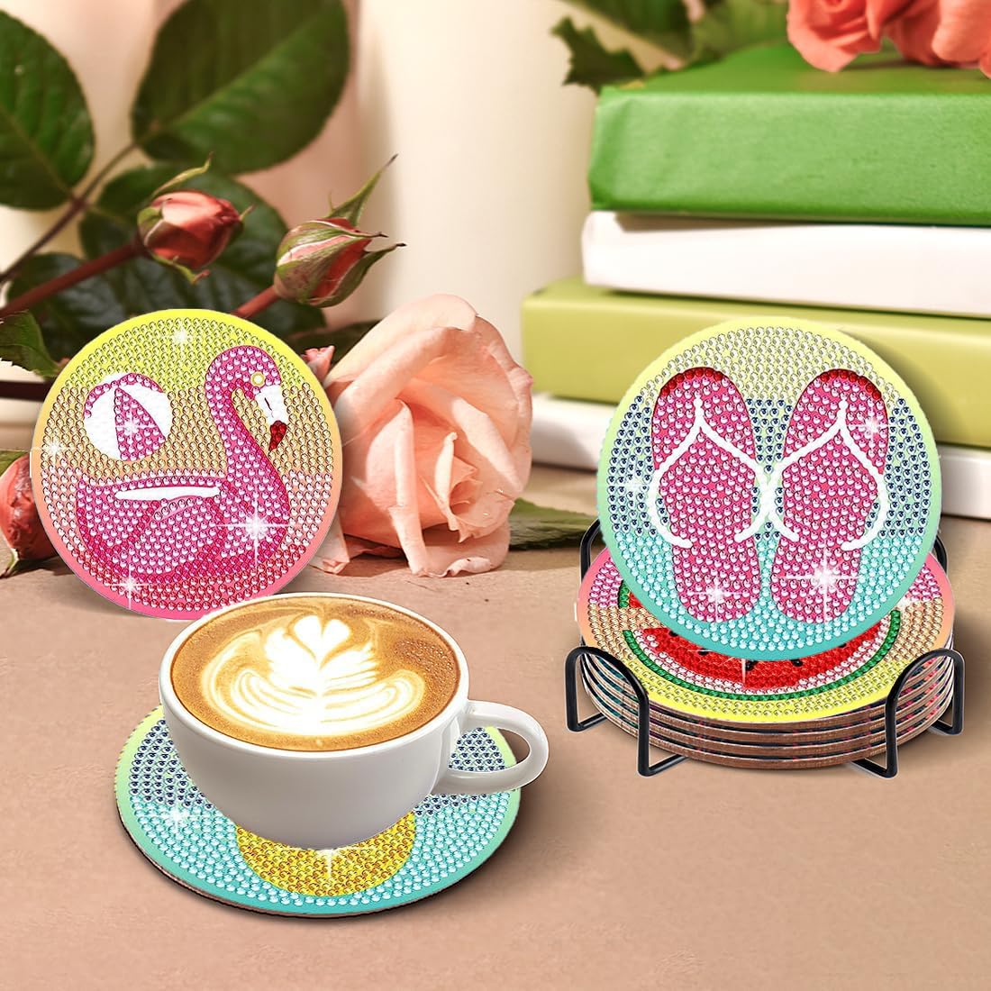 Leatrice 8PCS Beach Diamond Art Coasters Small Diamond Painting Kits for Adults Diamond Dots Round Full Drill Diamond Coasters with Holder Easy Art Crafts for Beginners Women
