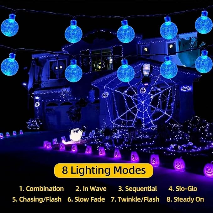 20 LED Decorations Crystal Globe Solar String Extra-Bright Outdoor Lights with 8 Lighting Modes Waterproof Solar Powered Patio Hanging Light for Garden Yard Porch Wedding Party Decor(Blue)