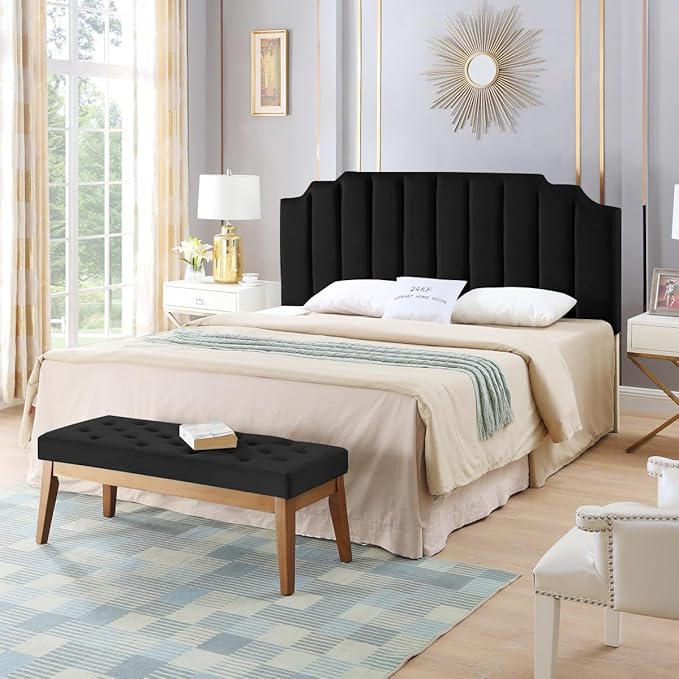 24KF Black Velvet Tufted King Upholstered Headboard, Modern Vertical Channel Design California King Headboard with Stepped Silhouette Top Edge,Black