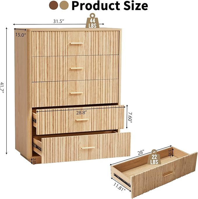 Fluted 5 Drawers Dresser for Bedroom, Wooden Tall Storage Dresser TV Stand, Curved Profile Modern Chest of Drawers, Wood Closet Clothes Storage Organizer for Living Room, Hallway, Natural 2 Sets