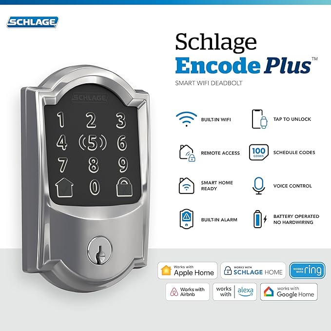 Schlage Encode Plus Smart Wi-Fi Lock for Front Door, Keyless Entry Deadbolt, Unlock with Apple Watch, Built-in WiFi and App Control, Easy Install, Alexa & Apple HomeKit Compatible, Bright Chrome