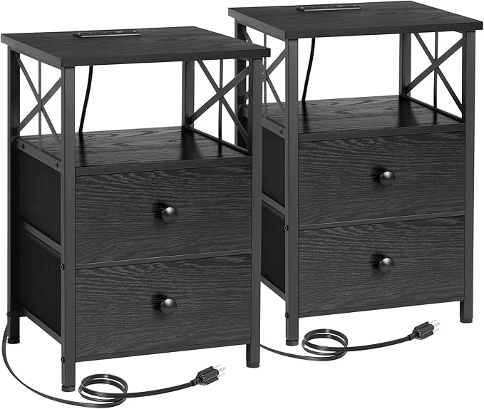 AMHANCIBLE Night Stand Set 2, Black Nightstand with Charging Station, End Tables Living Room with USB Ports and Outlets, Bedside Table with Fabric Drawers for Bedroom, HET05XBK