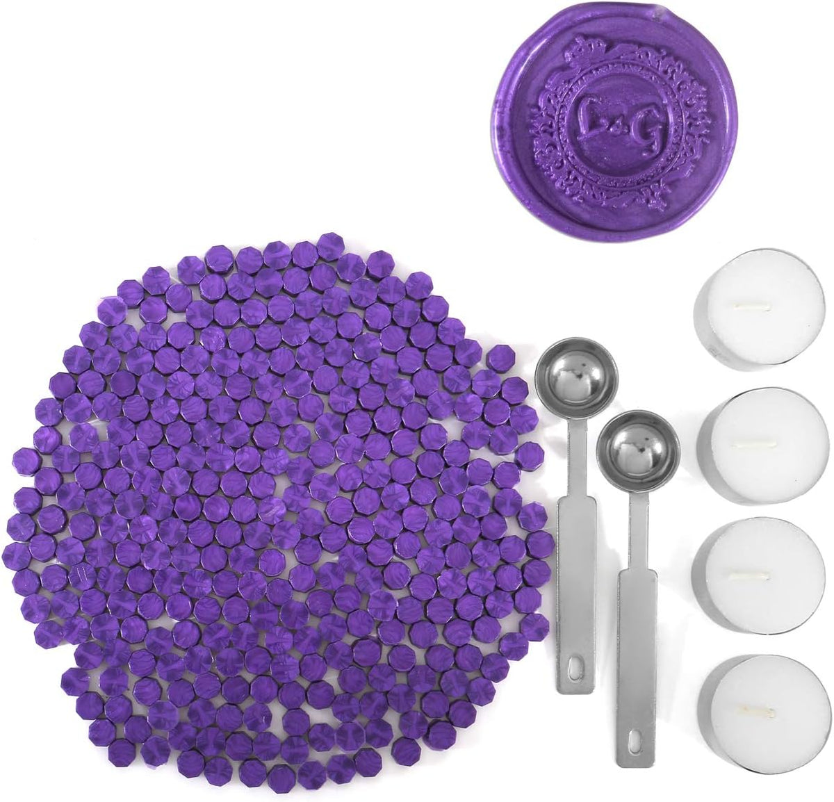 Purple Sealing Wax Beads, Yoption 300 Pieces Octagon Wax Seal Beads Kit with 2 Melting Spoon and 4 Candles for Seal Stamp (Purple)