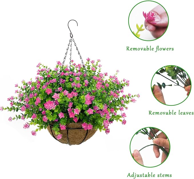 Artificial Hanging Flowers Basket, 12 UV-Resistant Bundles of Realistic Fake Flowers, Faux Plants for Outdoor Decor, Home, Garden, Porch, Patio, Spring & Summer Decorations, Pink