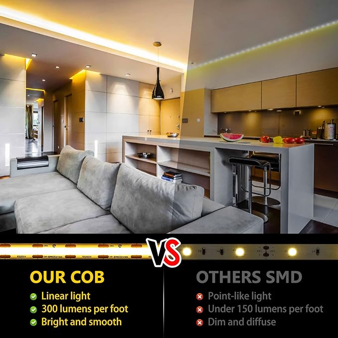 EMITEVER COB LED Strip Lights Warm White 32.8ft, 3000K 24V Dimmable Tape Light Premium High Density, 305LM+/ft, 4800LEDs, Ra 90+, 3W/FT, UL Listed for Cabinets, Shelves(Power Supply Sold Separately)