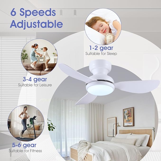 36 Inch Ceiling Fans with Lights, Small Flush Mount Ceiling Fan, Remote/APP Control, 3 Reversible Curved Blades, 6 Speeds, 3 CCT Dimmable Lights for Bedroom, White