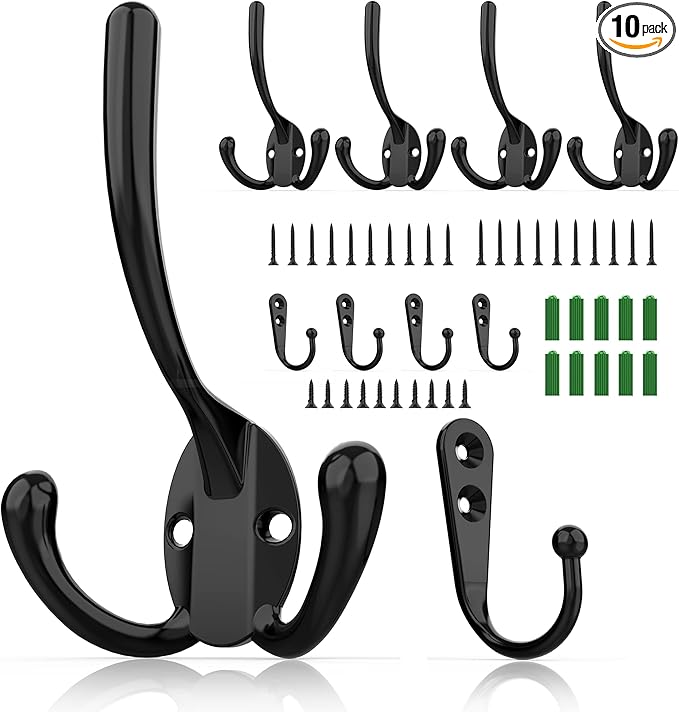 10 Pack Heavy Duty Wall Mounted Black Coat Hooks With 30 Screws - Mudroom, Backpack, Robe, Hat Hooks (Two Types of Hooks + Three Types of Screws Included)