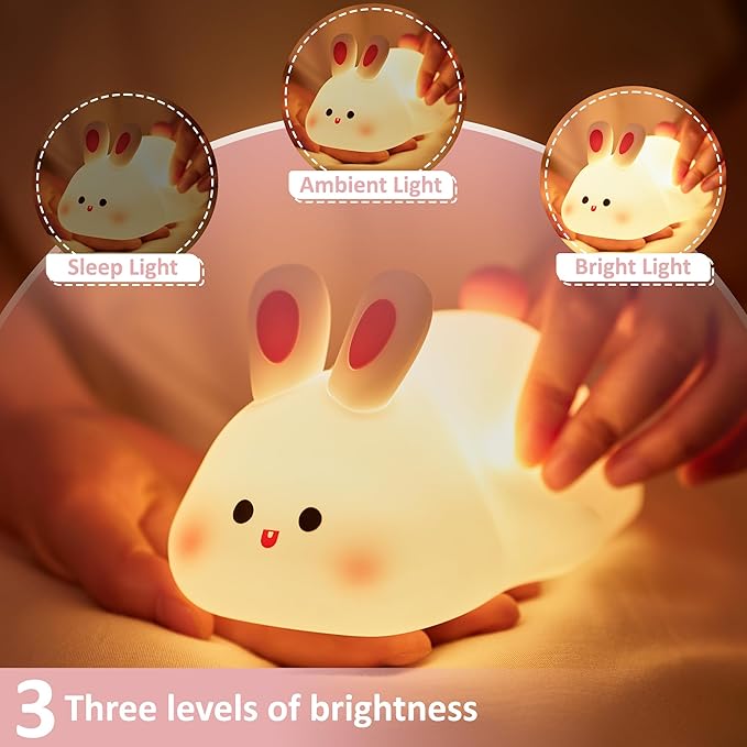 Attivolife Cute Bunny Nursery Light, Easter Rabbit Squishy Silicone Touch Night Lamp Rechargeable, Kawaii Animal Toddler Room Decor Table Lamp, Child Girl Women Birthday Gift