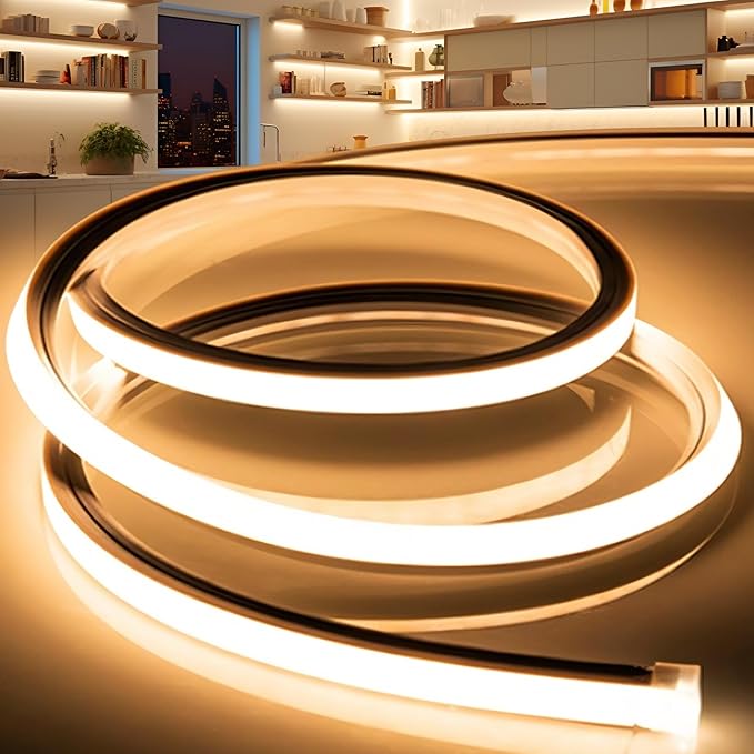 LED Strip Lights Warm White 3000K,98.4ft 110-120V Neon Rope Lights,Flexible Silicone Outdoor Waterproof Neon Strip Lights for Bedroom,Mirror,Kitchen Cabinet, Living Room,Halloween Decor