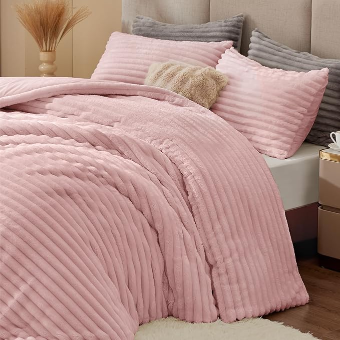 BEDELITE Fleece Twin Comforter Set -Super Soft & Warm Fluffy Pink Bedding, Luxury Fuzzy Heavy Bed Set for Winter with 1 Pillow case