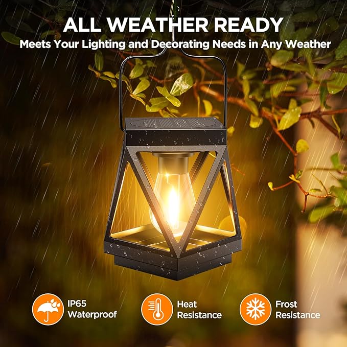 KOOPER 2 Pack Solar Lanterns Outdoor Waterproof, Upgraded Black Metal Hanging Solar Lights Outdoor Lanterns Decorative for Yard Patio Table Pathway Garden Decor