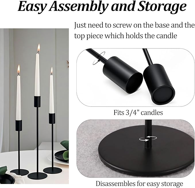 Set of 6 Black Taper Candle Holders, Metal Black Candlestick Holders, Tall Candle Holder, Fits 3/4 inch Thick Candle&Led Candles, for Table Centerpiece, Wedding, Dinning, Party Home Decor