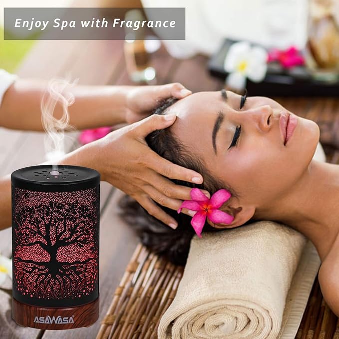 ASAWASA Diffusers for Essential Oils, Essential Oil Diffuser with Waterless Auto Shut-Off, Metal Art Aromatherapy Humidifier with Multicolor Changed Night Light,Ideal for Home Gifts Spa Yoga (Banyan)