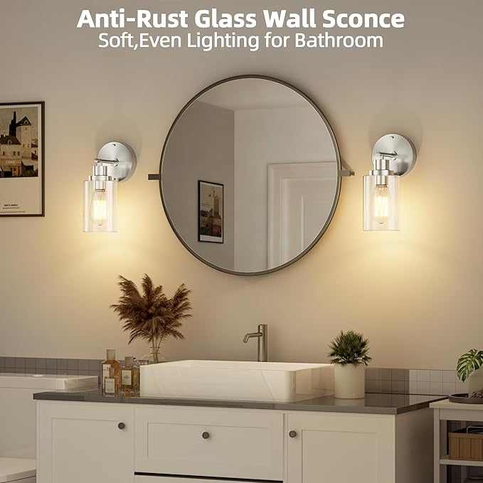 GORDNWE 1-Light Bathroom Wall Sconce, Brushed Nickel Vanity Light, Modern Wall Light Fixture with Clear Glass Shade and E26 Bulb Base, Wall Lamp Wall Mount Light Fixtures for Mirror, Bedroom, Hallway