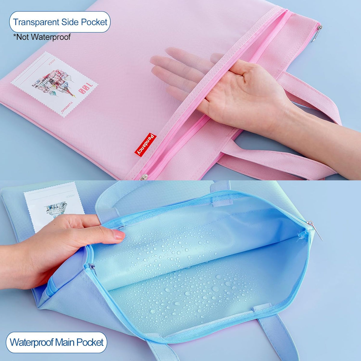 Pendancy Mesh Zipper Pouch 11x13.7 in, 2 pcs Large Double Pocket Waterproof File Bag with Handle, A4 Size Foldable Document Storage for Puzzle Project/Cross Stitch/Travel/Office（Gray Blue）