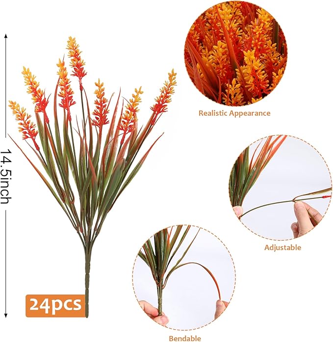 Geegoods Artificial Plants Flowers Outdoor – Faux Lavender Flowers with Monkey Grass UV Resistant Plastic Faux Plants for Garden Porch Window Patio Hanging Planter Home Decor (Autumn-Orange, 48PCS)