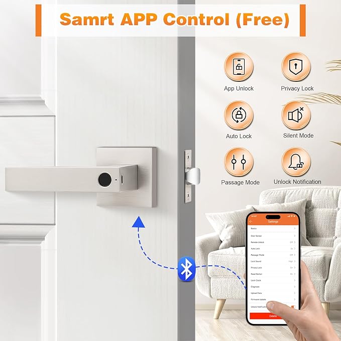Probrico Smart Lock Keyless Entry Door Lock with Handle, Satin Nickel Smart Locks for Front Door Fingerprint Door Handle for Bedroom Bathroom, Electronic Biometric Digital WiFi APP Control