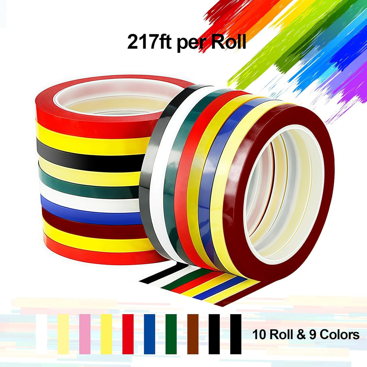 Whiteboard Tape 1/8 Inch x 217ft 10 Rolls Dry Erase Board Assorted Colors Tape for Whiteboards, Crafts, Grids, Marking, Calendars, Violin Fingerboards
