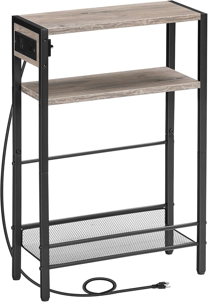 HOOBRO Small Narrow Side Table with Charging Station, Skinny End Table for Small Spaces, Slim Nightstand with USB Ports Outlet, Sofa Beside Table with Storage Shelf, Greige and Black BG102UBZ01