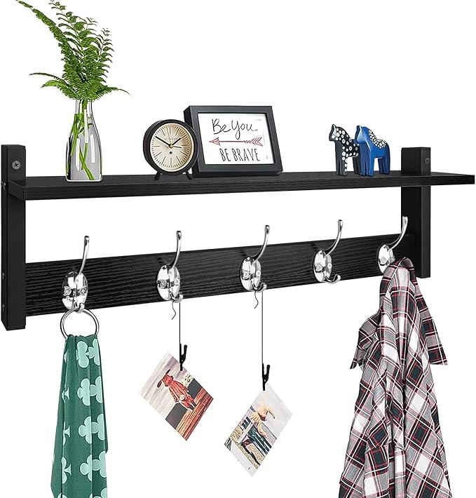 Homode Coat Rack Wall Mount with Shelf, 24" Long Entryway Shelf with Hooks Underneath, Wooden Coat Hanger for Hanging Hats, Bathroom Towels, Clothes, Black