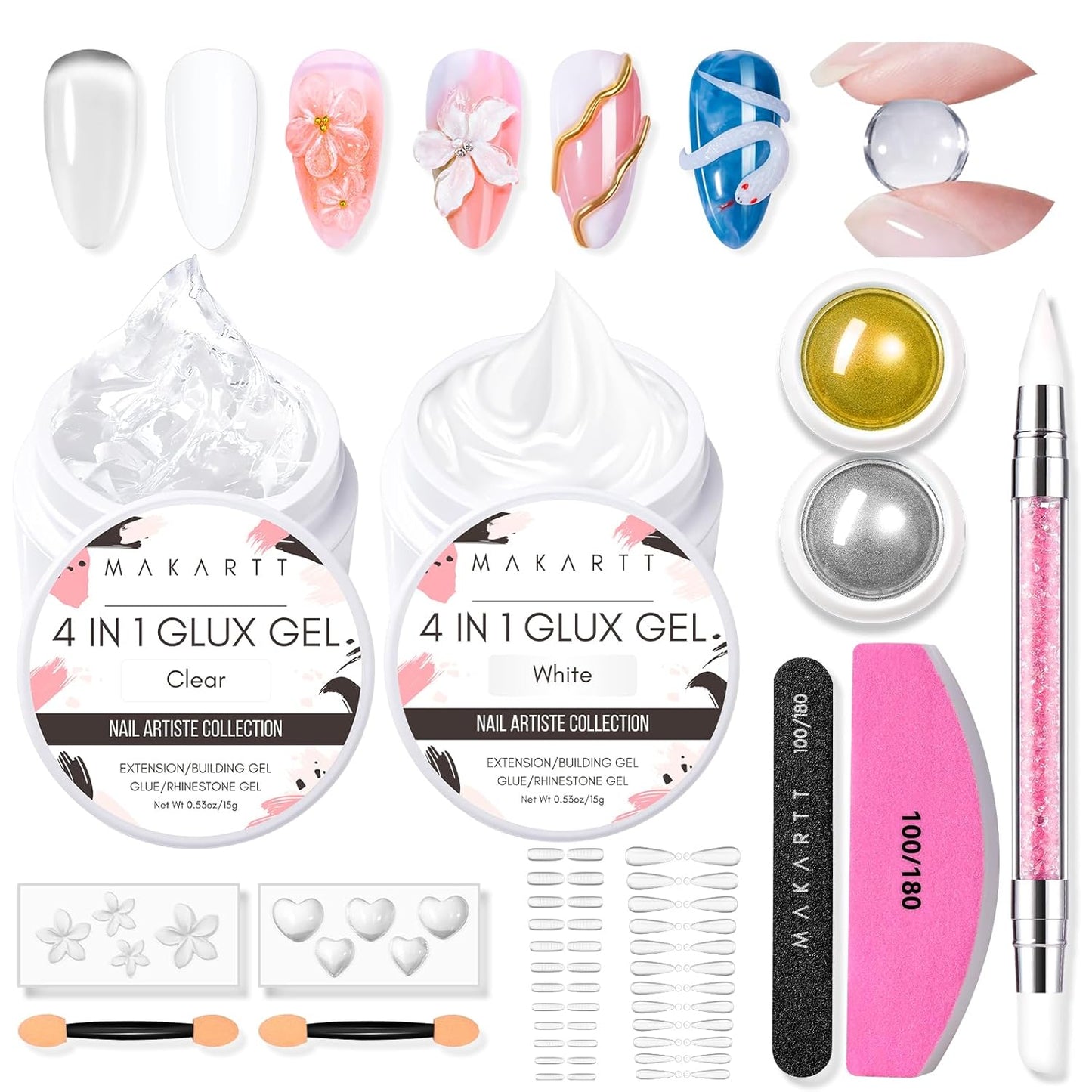 Makartt 3D Gel Nail Art for Nails Starter Kit: Clear and White for Extension Solid Gel Builder DIY Manicure, 3d Molding Hard Gels with Gold & Silver Chrome Powder Silicone Flower Molds Sculpture Brush