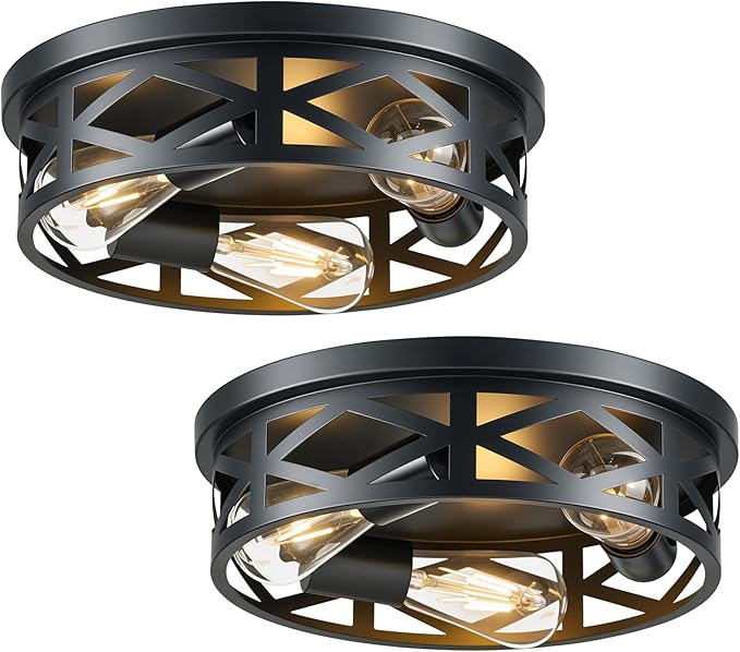 VONLUCE Flush Mount Ceiling Lights, 3-Light Hallway Ceiling Lighting Fixtures, 13 inch Farmhouse Metal Cage Ceiling Lights for Entryway Kitchen, Adjustable Lamp Holders, 2 pcs, Black